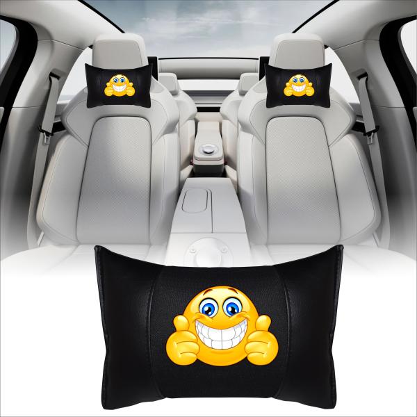 Auto Nackenkissen 20x30cm Nackenpolster Leder Schwarz mit Druck Design Smiley